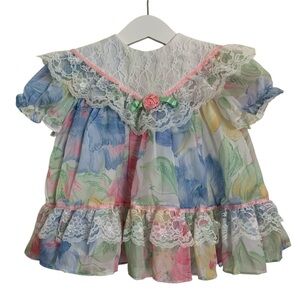 Vintage Baby Girl Floral Lace Big Collar Dress 18 Mos Rose Colorful Tea Garden